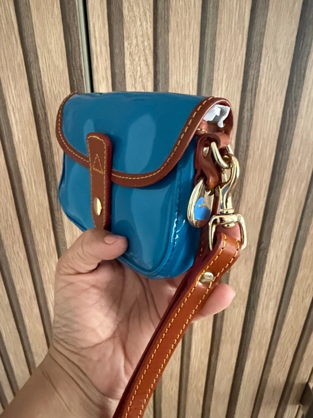 Dooney & Bourke Patent Leather Clutch in Bright Blue with Brown Trim - Picture 10 of 10